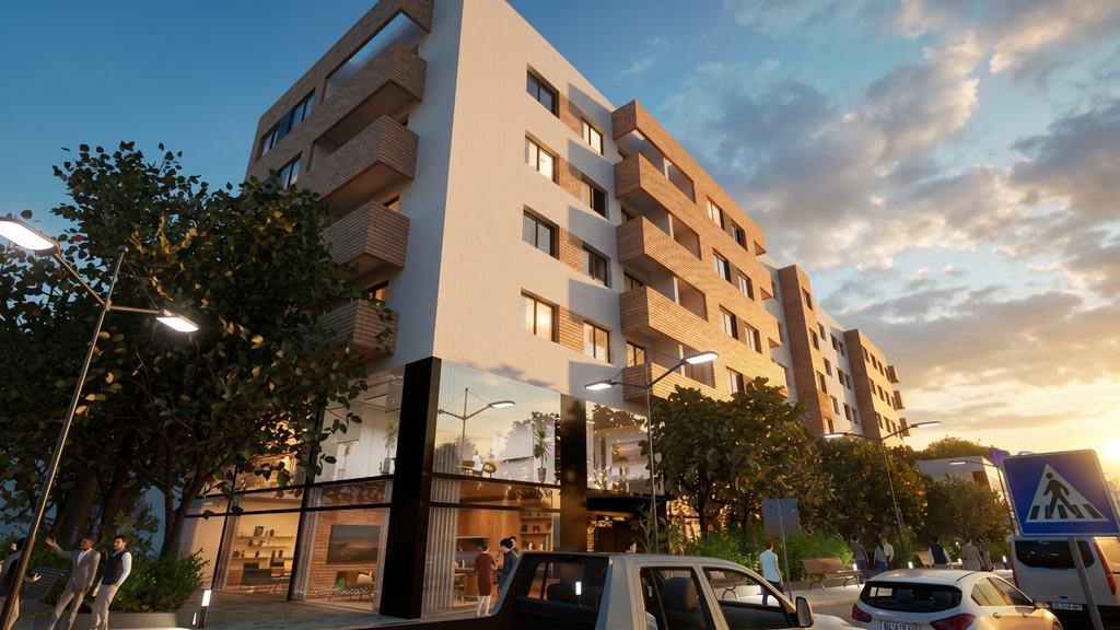 Luma Residence: 3D prikaz ugla zgrade sa poslovnim prostorima u prizemlju